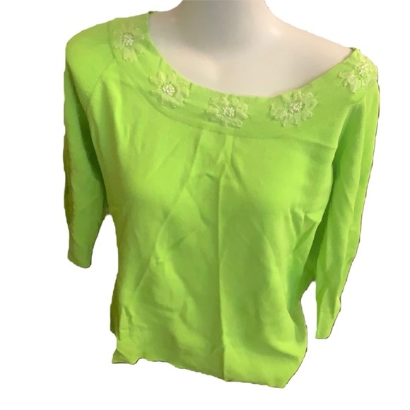 JOSEPH A. Lime green knit top PULLOVER blouse floral LARGE NEW - Picture 1 of 6
